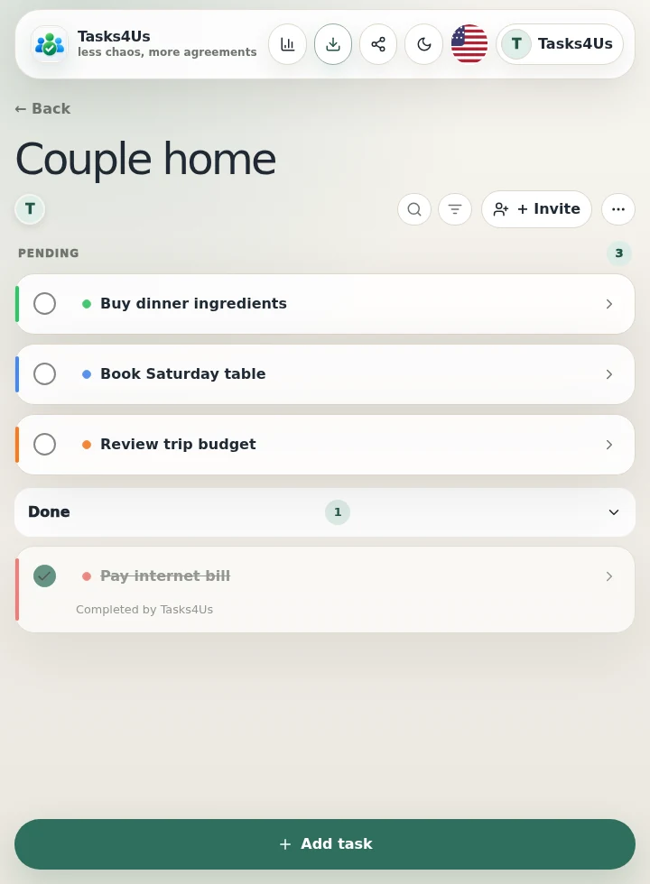 Tasks4Us task group for Shared tasks, lists and expenses for couples