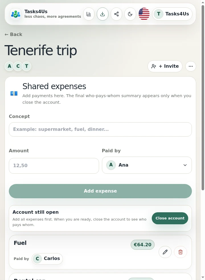 Tasks4Us shared expenses for Group trip planning: tasks, lists and expenses