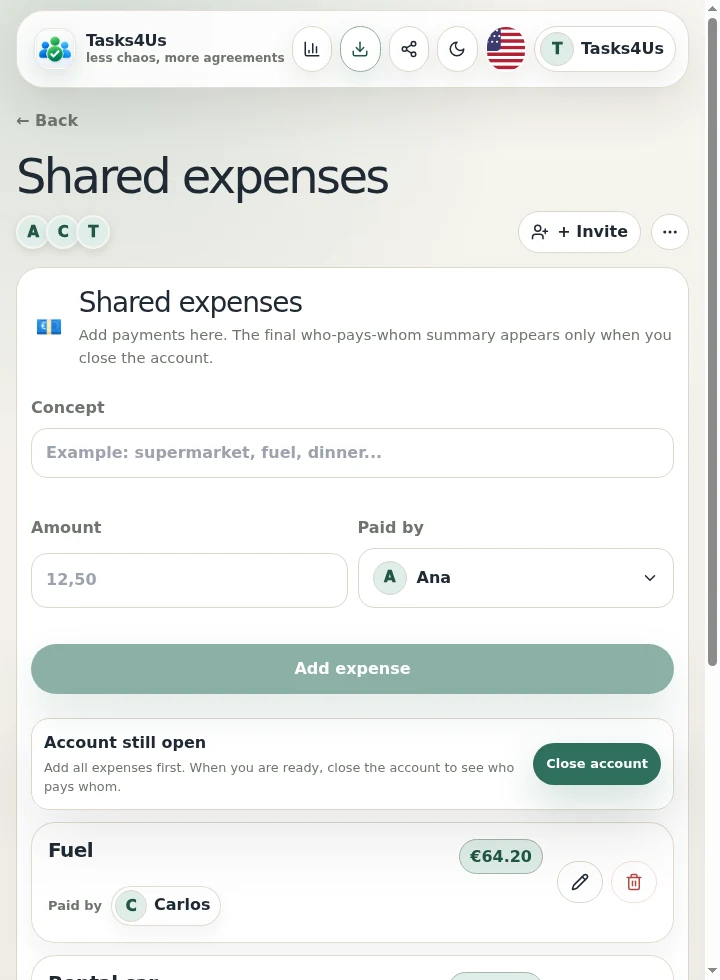 Tasks4Us shared expenses for Shared expenses and pending payments