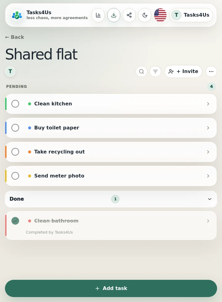 Real Tasks4Us example for Shared flat: cleaning, shopping and common payments
