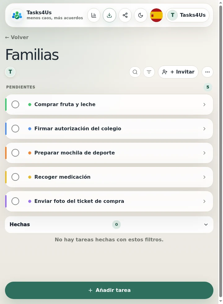 Ejemplo visual real de Tasks4Us para Organización familiar con hijos, padres y abuelos