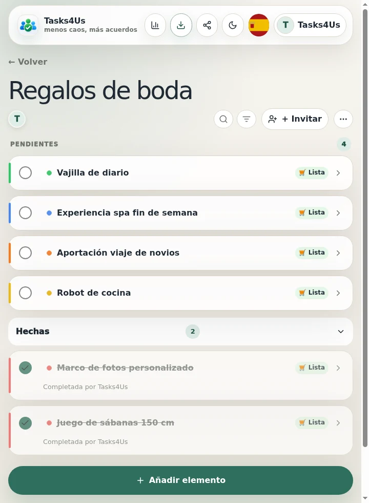 Lista de regalos de boda en Tasks4Us en español con regalos pendientes arriba y regalos ya comprados separados.