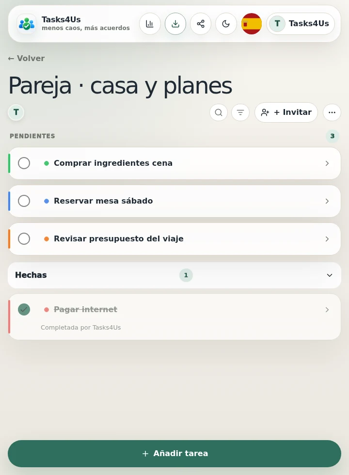 Grupo de tareas de Tasks4Us para Tareas, listas y gastos compartidos para parejas