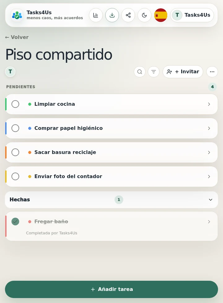 Ejemplo visual real de Tasks4Us para Piso compartido: limpieza, compras y pagos comunes