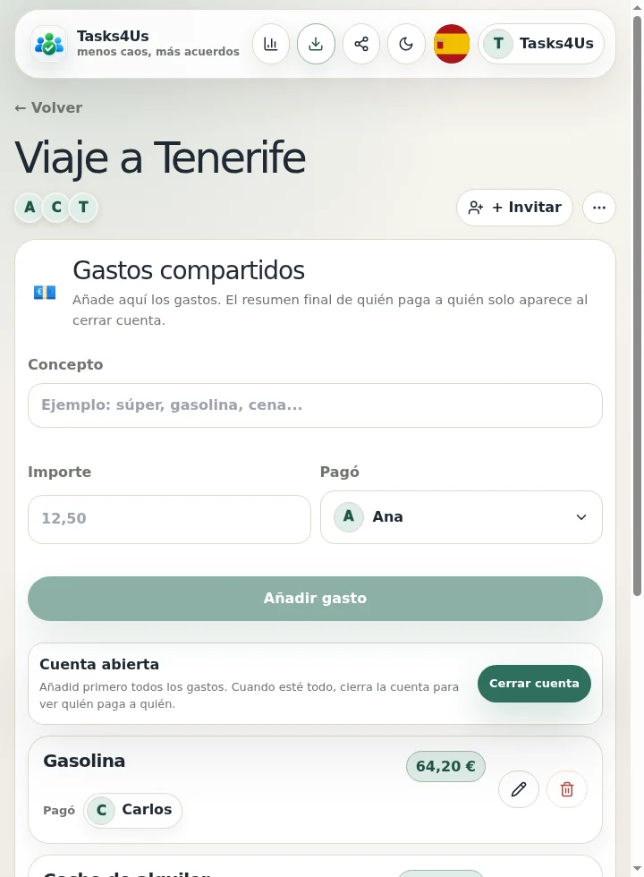 Gastos compartidos de Tasks4Us para Organizar un viaje en grupo: tareas, listas y gastos