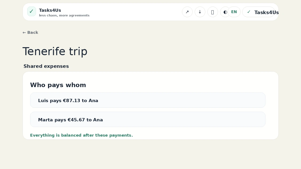 Tasks4Us balance screen in English showing who pays whom