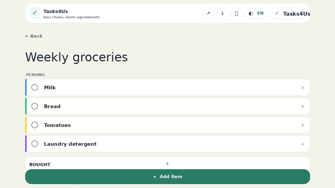 Tasks4Us item list in English showing a weekly groceries list