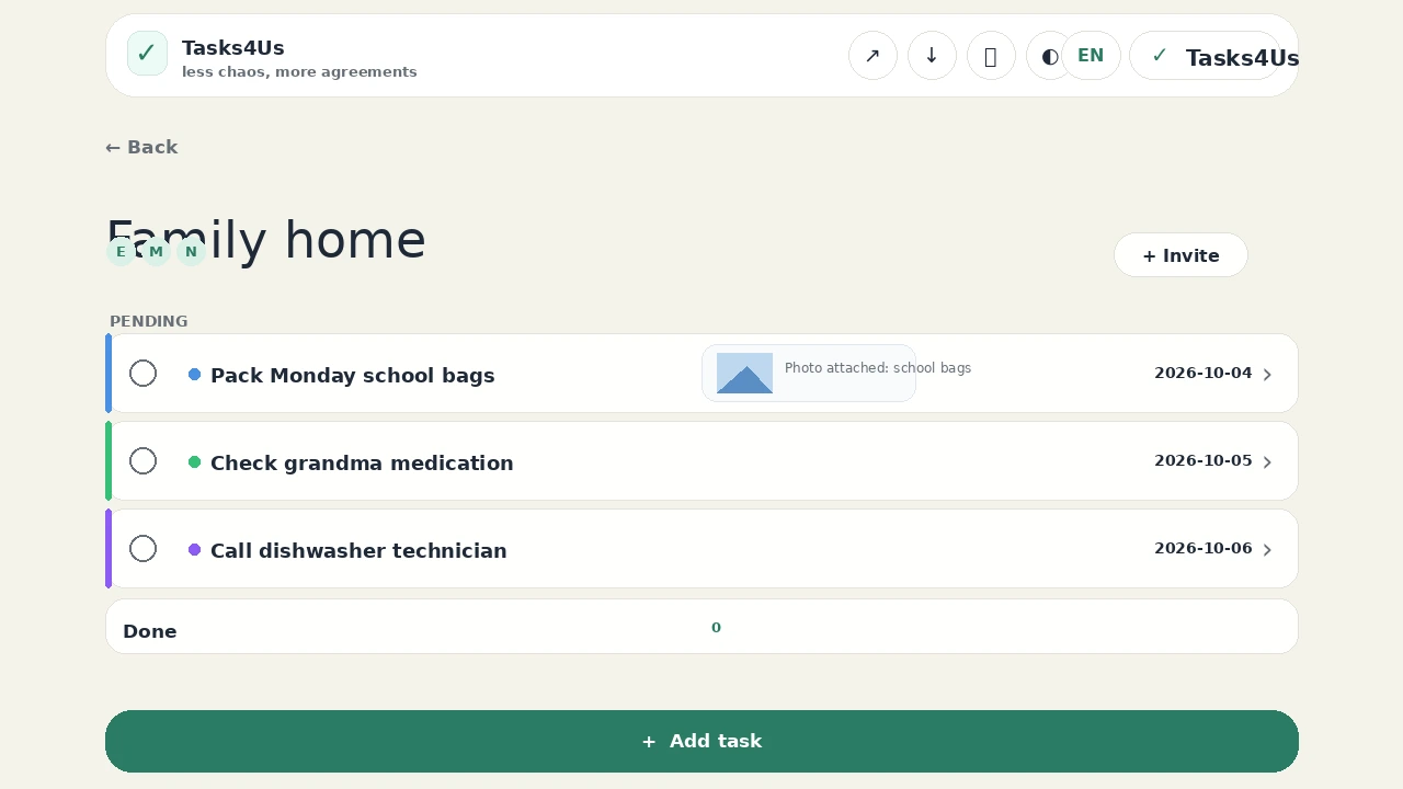 Real English Tasks4Us screenshot showing family tasks and a photo attached to the school bags task