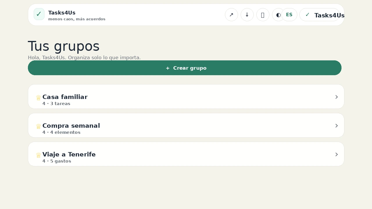 Dashboard real de Tasks4Us en español con grupos de tareas, lista y gastos