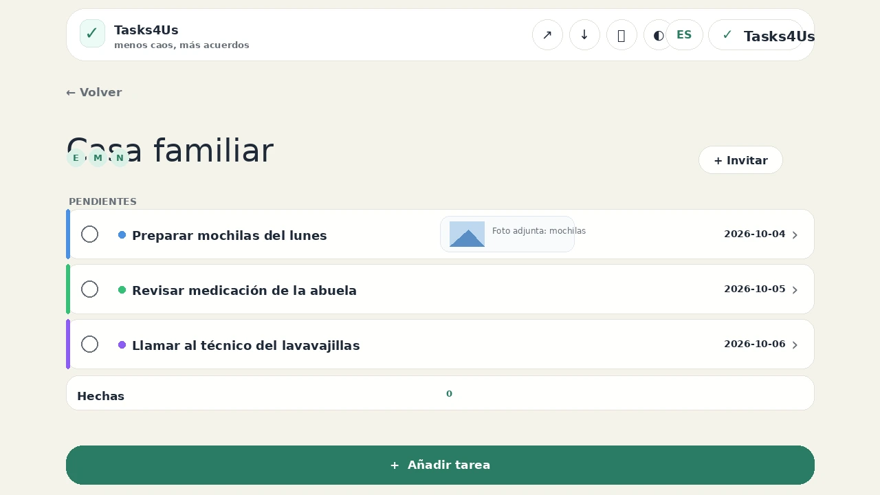 Captura real en español: grupo familiar con tareas pendientes y foto adjunta a las mochilas
