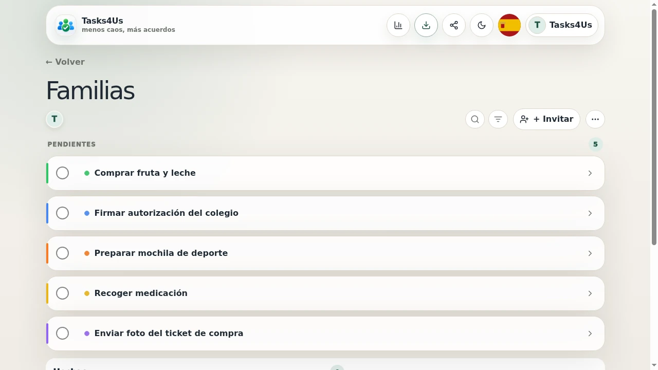 Grupo de tareas del piso en español con responsable y fecha en cada tarea.